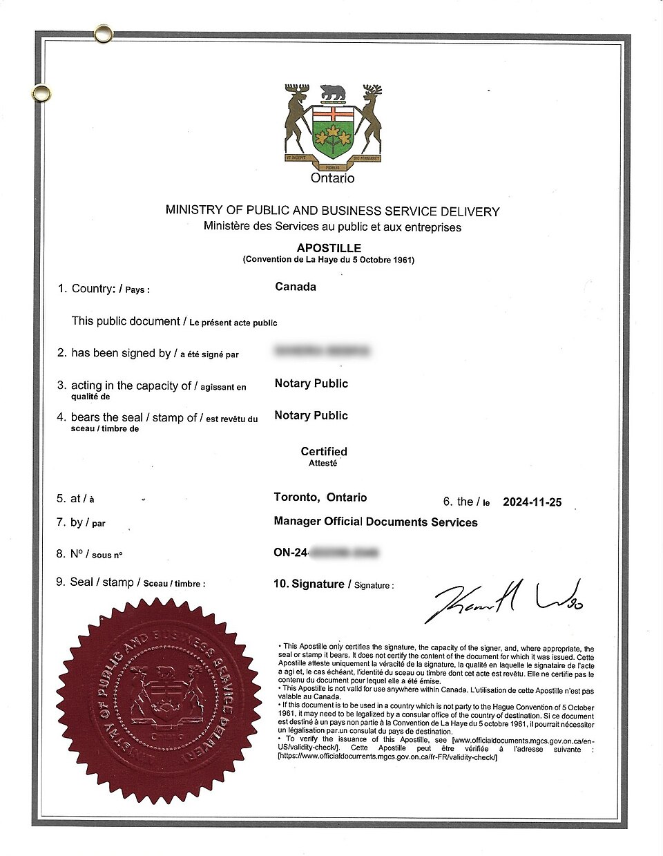 Notarized document and apostille representing international document authentication